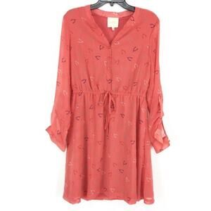 Modcloth Dress Small Wishbone Coral Pink Shirt Style Sheer Tab Sleeves Tie Waist